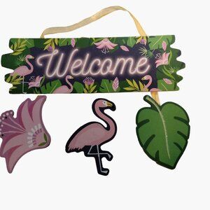 Welcome Sign Flamingo Flower Leaf Colorful Tropical Coastal Tiki Decor